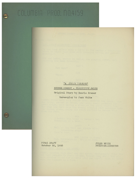 Moe Howards 24pp. Script Dated October 1950 for The Three Stooges Film A Missed Fortune -- Includes 3 Additional Loose Revised Script Pages -- Very Good Plus Condition